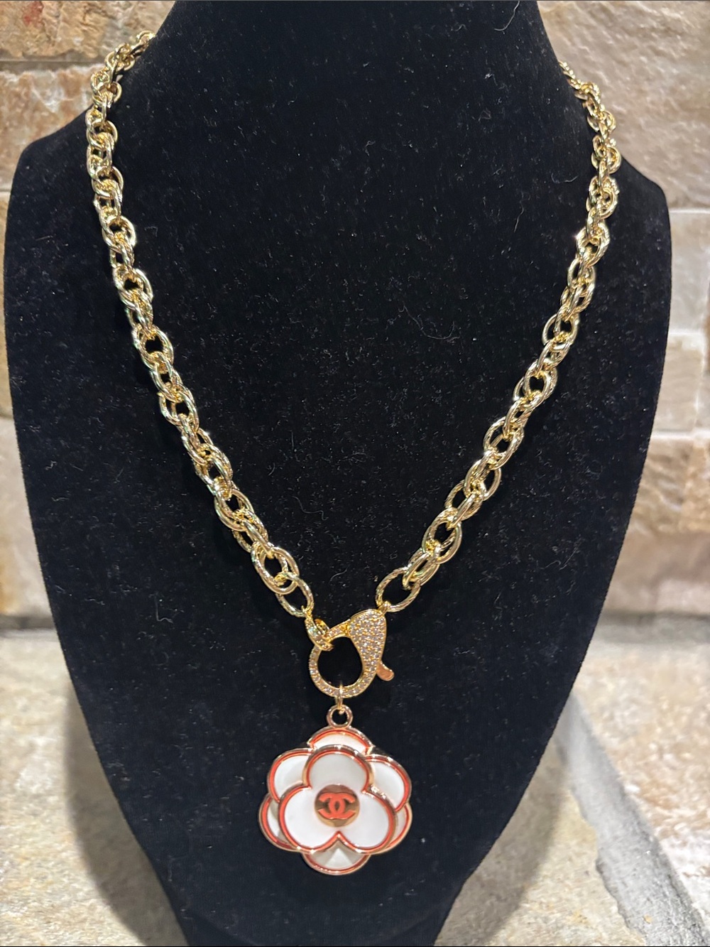Gold Chain Necklace with White/Coral CC Enamel Flower Pendant